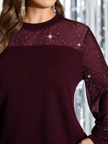 SHEIN Clasi Plus Size Women Solid Mesh Insert Rhinestone Strap Elegant Long Sleeve Blouse Glittery Top,Fall Clothes For Women - Burgundy - View 5