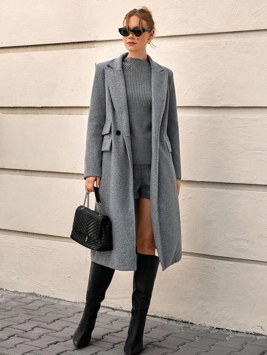 CLARA VERO Grey Wool Blend Casual Style Long Coat - Light Grey - View 1