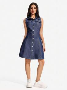 SHEIN PETITE 女式夏季休闲纽扣前褶腰无袖牛仔连衣裙 - 藍色 - 查看 3