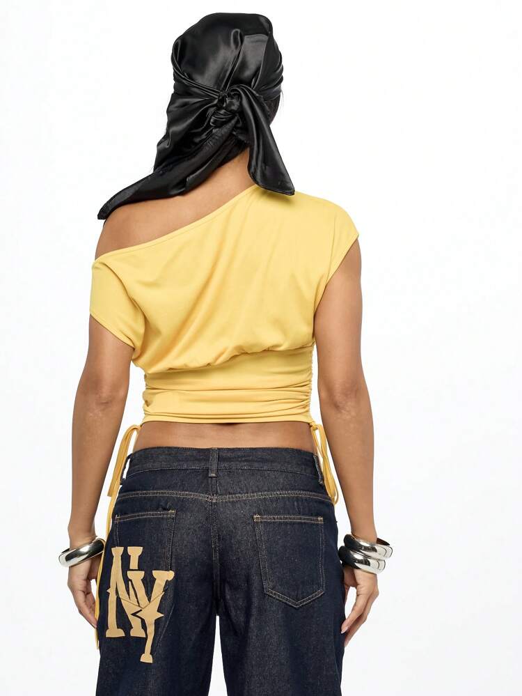 Plus Size Off Shoulder NYC Letter Print Varsity Style T-Shirt