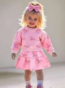 Souflis Souflis 女婴休闲粉色蝴蝶印花运动衫和粉色蝴蝶装饰裙子套装，秋冬