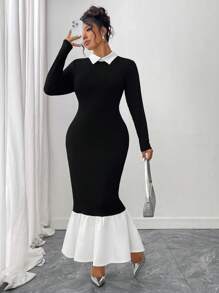 Elenzga Plus Size Elegant Color Block Patchwork Fishtail Dress