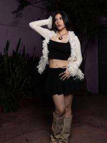 Steff Loaiza Women's Zipper Fashion Short Raw Edge Pleated Denim Skirt