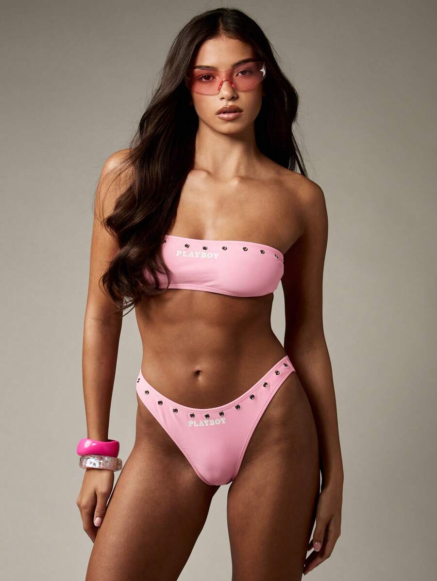 Missguided x Playboy Studded Bandeau High Cut Bikini Set With Silver Grommets Swimming Summer Beach Poolside Resort Wear