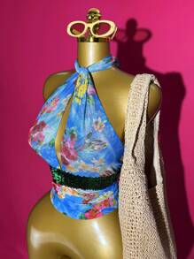 Slaydiva 女士花卉印花拼布亮片露背罩衫，适合度假、乡村音乐会穿着