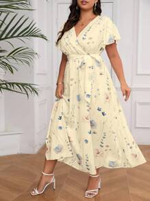 Firerie Plus Size Casual V-Neck Loose Fit Tie-Belt Random Floral Print Split Hem Summer Vacation Dress For Women,Beach Dress Sundress,Holiday Outfits Boho Spring - Apricot - View 4