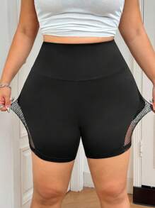 SHEIN EZwear 大码黑色休闲拼布渔网弹力紧身裤