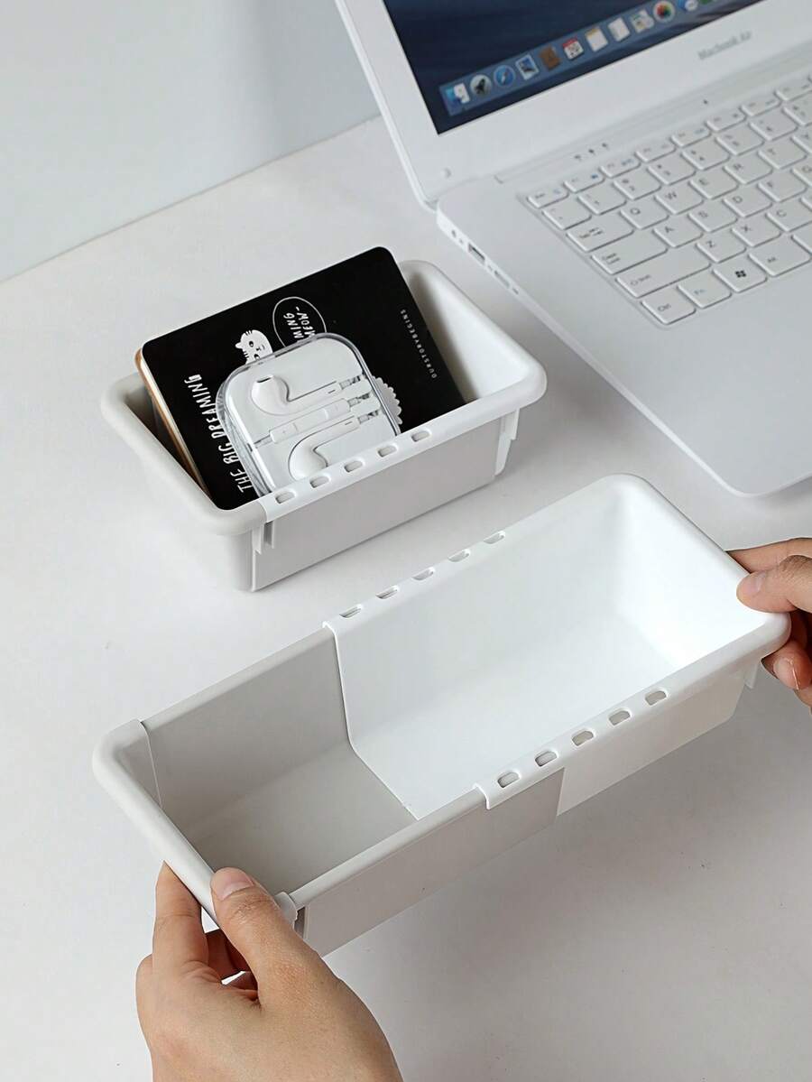 1 pieza Caja de almacenamiento retráctil para el hogar con divisor incorporado, compartimento para cubiertos, organizador de cosméticos, artículos del hogar, ahorro de espacio, útiles escolares, temporada de vuelta al colegio - Gris + blanco - Ver 1