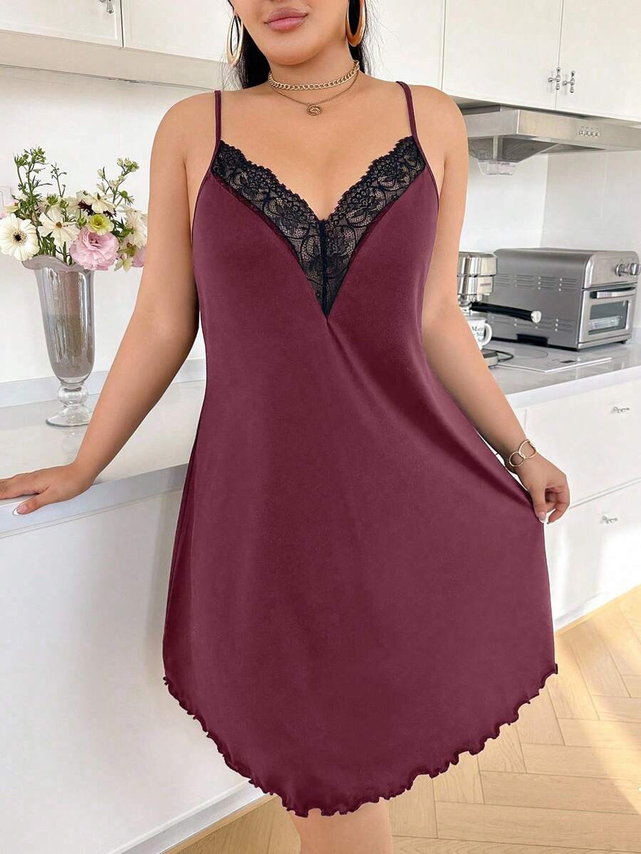 SHEIN V-Neck Lace Patchwork Slip Dress, Women Casual Home Sleepwear - Red Violet - View 1
