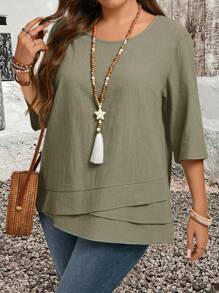 EMERY ROSE Plus Size Asymmetric Hem Green Country Shirts Fall Clothes,Teacher Shirts - Olive Green - View 7