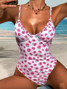 Swim Vcay Đồ bơi liền thân họa tiết hoa viền bèo nhún cho nữ, thích hợp cho kỳ nghỉ hè - Hồng - Xem 3