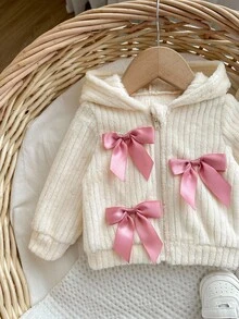 SHEIN 新生女婴可爱杏色蝴蝶结毛绒连帽夹克，秋冬