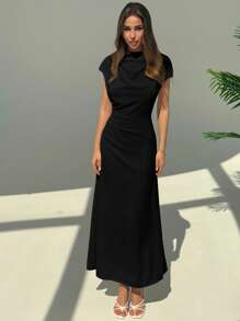 Aloruh 全新不对称修身优雅简约办公室女士长款连衣裙 - 黑色 - 查看 5