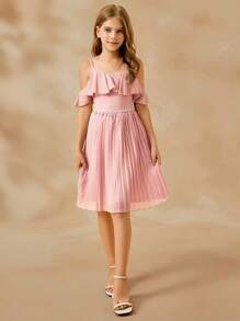 SHEIN 女童优雅露肩荷叶边高腰短款雪纺褶皱连衣裙，粉色，飘逸