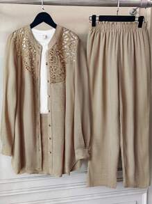 Joress Set di 2 pezzi per donne taglia comoda: camicia casual con collo tondo, patch in pizzo e abbottonatura completa in misto lino + pantaloni larghi in vita elastica