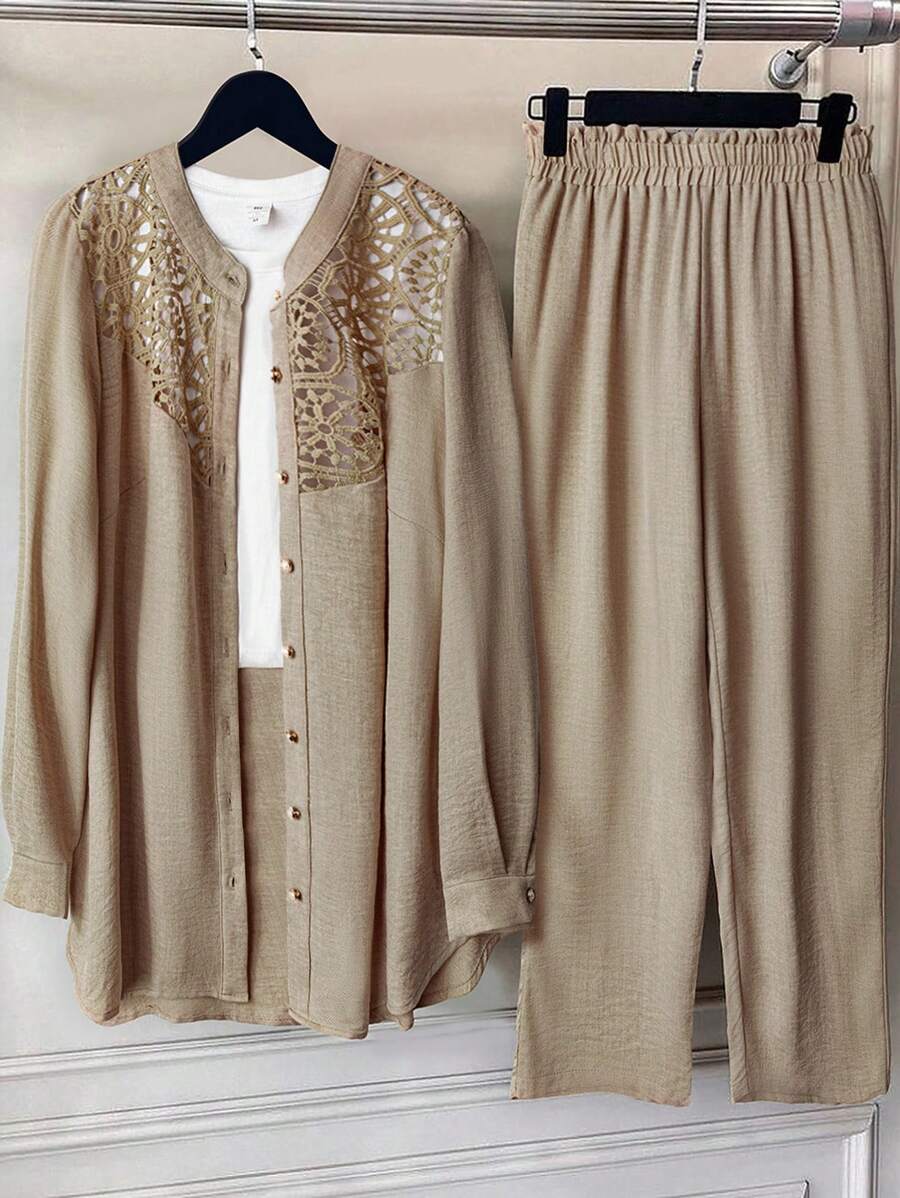 Joress Set di 2 pezzi per donne taglia comoda: camicia casual con collo tondo, patch in pizzo e abbottonatura completa in misto lino + pantaloni larghi in vita elastica