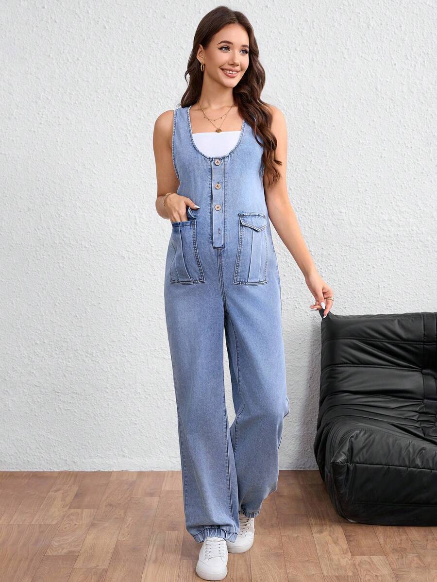 SHEIN 孕妇纽扣式半开襟工装口袋休闲牛仔背带裤连体裤女式工装裤女式牛仔连体裤