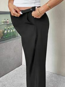SHEIN Calça casual solta de perna larga com bolso ajustável na cintura, cor sólida, para gestantes - Preto - Visão 4