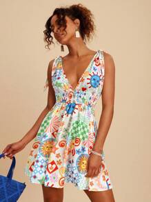 Travachic Gewebtes bedrucktes Minikleid mit V-Ausschnitt und ärmellos für Frauen, gewebter grafischer Muster, lässige Sommerurlaubs-Outfits für Frauen, Boho-Strandurlaubs-Outfits, Boho-Chic, Country-Konzert-Outfit, Urlaubsfestival-Outfits, Strandoutfits für Frauen, Old-Money-Stil für Frauen, Sommersonnenkleid, Sommerkleider für Frauen, Abschlussoutfit, Old-Money-Stil für Frauen, Sommersonnenkleid, Schleifenträger an den Schultern