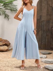 Breezaya 女式夏季休闲阔腿牛仔连体裤 - 淺色水洗藍 - 查看 7