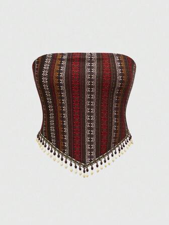 Summer Hippie Retro Western Music Festival Transparent Wooden Bead Tassel Hem Print Boho Plus Size Women Bustier Top