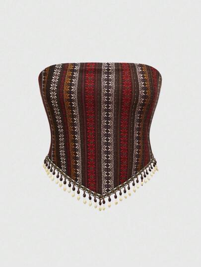 Summer Hippie Retro Western Music Festival Transparent Wooden Bead Tassel Hem Print Boho Plus Size Women Bustier Top