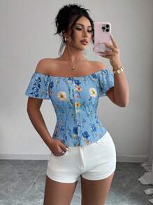 Elenzga 女士修身花卉印花露肩衬衫，优雅夏日 - 藍色 - 查看 1