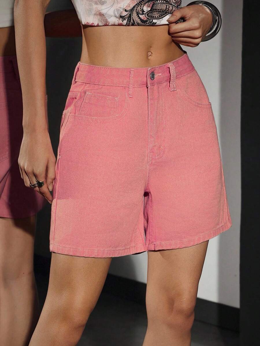 SHEIN PETITE 女式纯色休闲时尚牛仔短裤，带口袋 - 粉色 - 查看 1