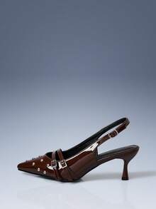 CUCCOO GRLICON 1 双女士时尚红色尖头细带高跟鞋，适合圣诞节、万圣节、Y2K 风格 - 咖啡棕 - 查看 2