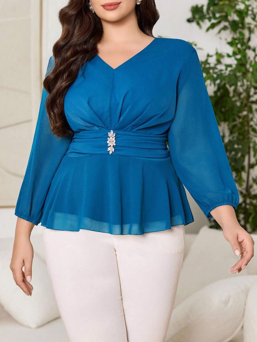 SHEIN Clasi 大码优雅通勤钻石装饰纯色衬衫 - 水鴨藍 - 查看 1
