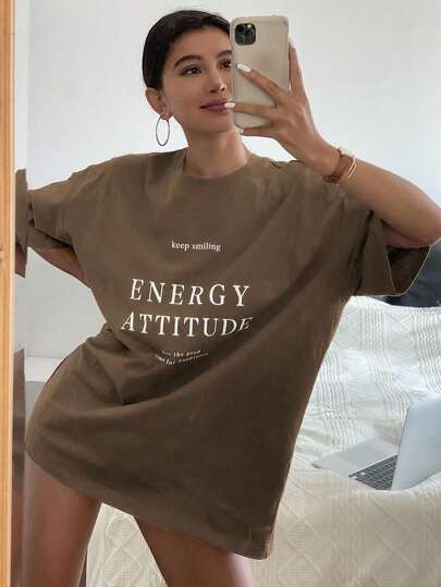 Livesso Women Loose Fit Short Sleeve T-Shirt With Letter Print And Round Neck For Summer Keep Smiling ENERGY ATTITUDE See The Good Time For Happiness Oversized T-Shirt