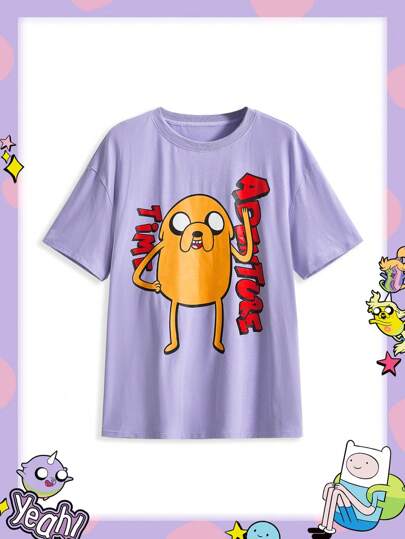 Adventure Time X ROMWE Y2k Cute Funny Children's Playful Women's Casual Cartoon Letter Pattern Drop Shoulder Loose T-Shirt