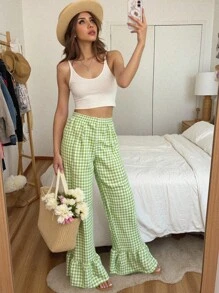 INAWLY Pantalones palazzo informales de pierna ancha a cuadros para mujeres