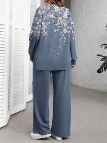 EMERY ROSE Plus Size Floral Print Two Pieces Set, Casual Ladies Wide Leg Pants Suit For Everyday Wear,Holiday Outfits - White - View 4