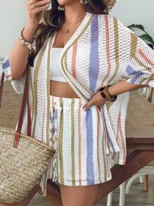 SHEIN VCAY 大码女式蓝白条纹衬衫和短裤针织两件套，夏季假日 - 彩色 - 查看 6