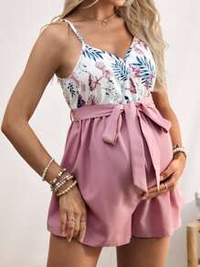 SHEIN Comfortable Tropical Print Waist Jumpsuit Romper Set - Dusty Pink - View 1