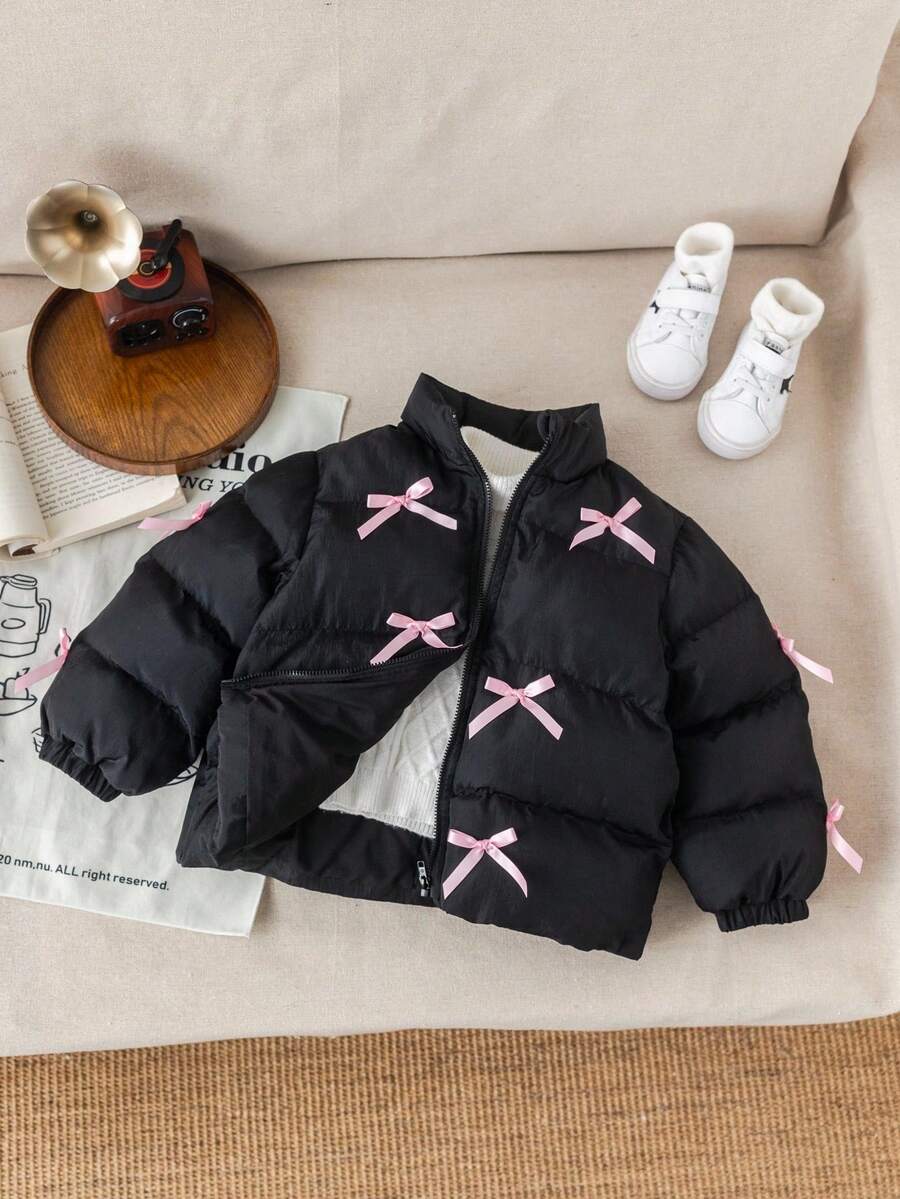 SHEIN 带蝴蝶结装饰的年轻女孩领夹克 - 黑色 - 查看 1