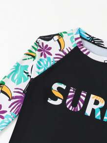 男童花卉印花长袖防晒衣和泳裤套装 - 綠色 - 查看 3