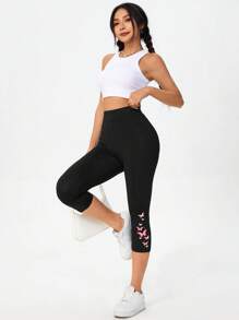 SHEIN Essnce Casual Knit Tight Butterfly Print Design Women's 3/4 Length Leggings, Summer Suitable For Going Out Fall Clothes - Black - View 5