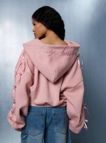 SUMWON Plus Size Bow Detail Cropped Zip Up Hoodie Fall Winter Casual Loungewear Fashion Forward Statement Piece Cozy Streetwear Graduation,Back To School Outfits,Graduation,Teacher Outfits For Women,Back To School Autumn - Pink - View 1