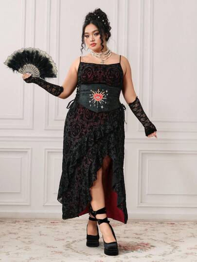 EDITION فستان كوكتيل مثير وضيق القصة للسيدات مزين بعيون قلبية مطرزة، وقصة الحزام البركي وياقة ذات تنسيق ترتر منسوج، وشريط مكسر كالذيل الوسيع للأحجام الكبيرة، من قماش زمني رومانسي باروكي