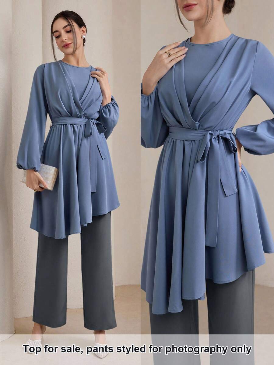 Graceveil 女士优雅纯色灯笼袖不对称下摆衬衫，端庄的秋季女装