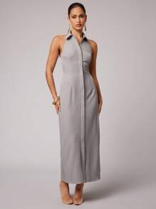 Silquee 女式无袖纯色单排扣修身连衣裙，休闲夏季 - 灰色 - 查看 1