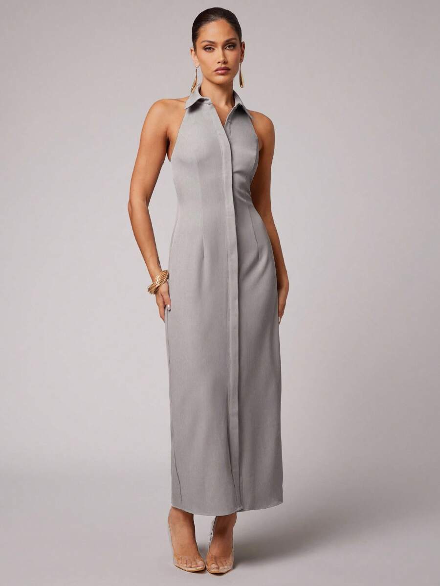 Silquee 女式无袖纯色单排扣修身连衣裙，休闲夏季 - 灰色 - 查看 1