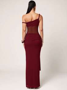 Silquee 女式简约纯色不对称领口紧身连衣裙，夏季 - 酒紅色 - 查看 2