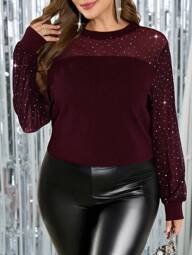 Gownix Plus Size Women Solid Mesh Insert Rhinestone Strap Elegant Long Sleeve Blouse Glittery Top,Fall Clothes For Women