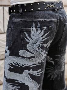 ROMWE MEN Street Life Men's Gothic Washed Cross Dragon Print Denim Shorts, Halloween - Black - View 2