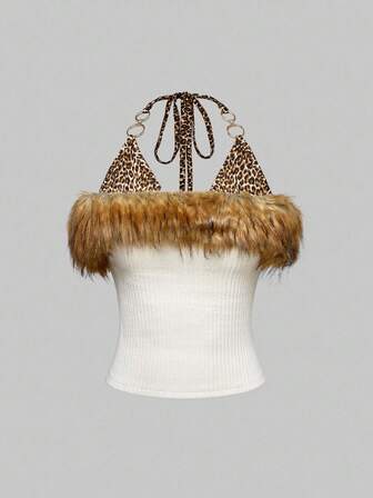 J-Fashion Canotta donna crop top dal taglio Y2K retrò Harajuku, in patchwork di pelliccia e stampa leopardata