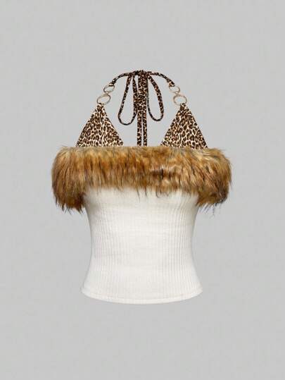 J-Fashion Y2K Retro Harajuku Furry Patchwork Leopard Print Halter Women Crop Top