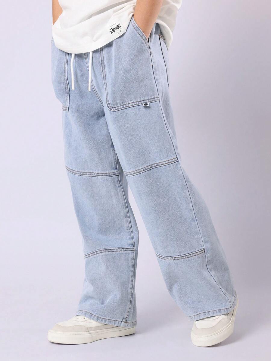 SUMWON 阔腿牛仔裤滑板风格宽松裤抽绳腰青年街头服饰秋冬系列 - 淺色水洗藍 - 查看 1